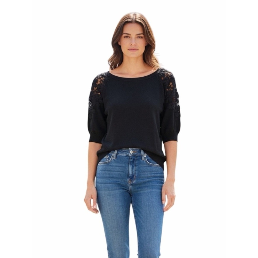Jaclyn Smith Knit Top Women Medium Black Crochet Lace Shoulder Puff Sleeve 2016